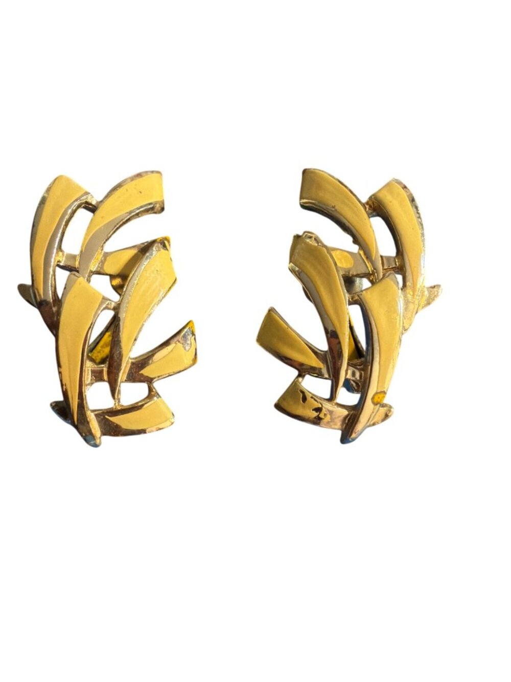 Vtg Coro Gold Tone Cream Enamel Clip On Earrings Abstract Retro Jewelry Estate